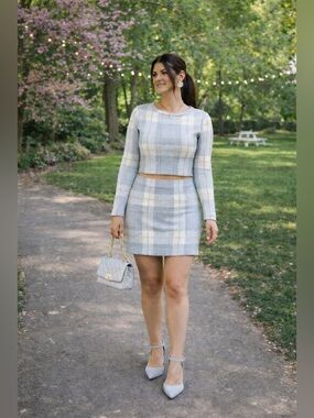 Love Street Plaid Mini Skirt in Light Blue-Gray  and Cream Size Small